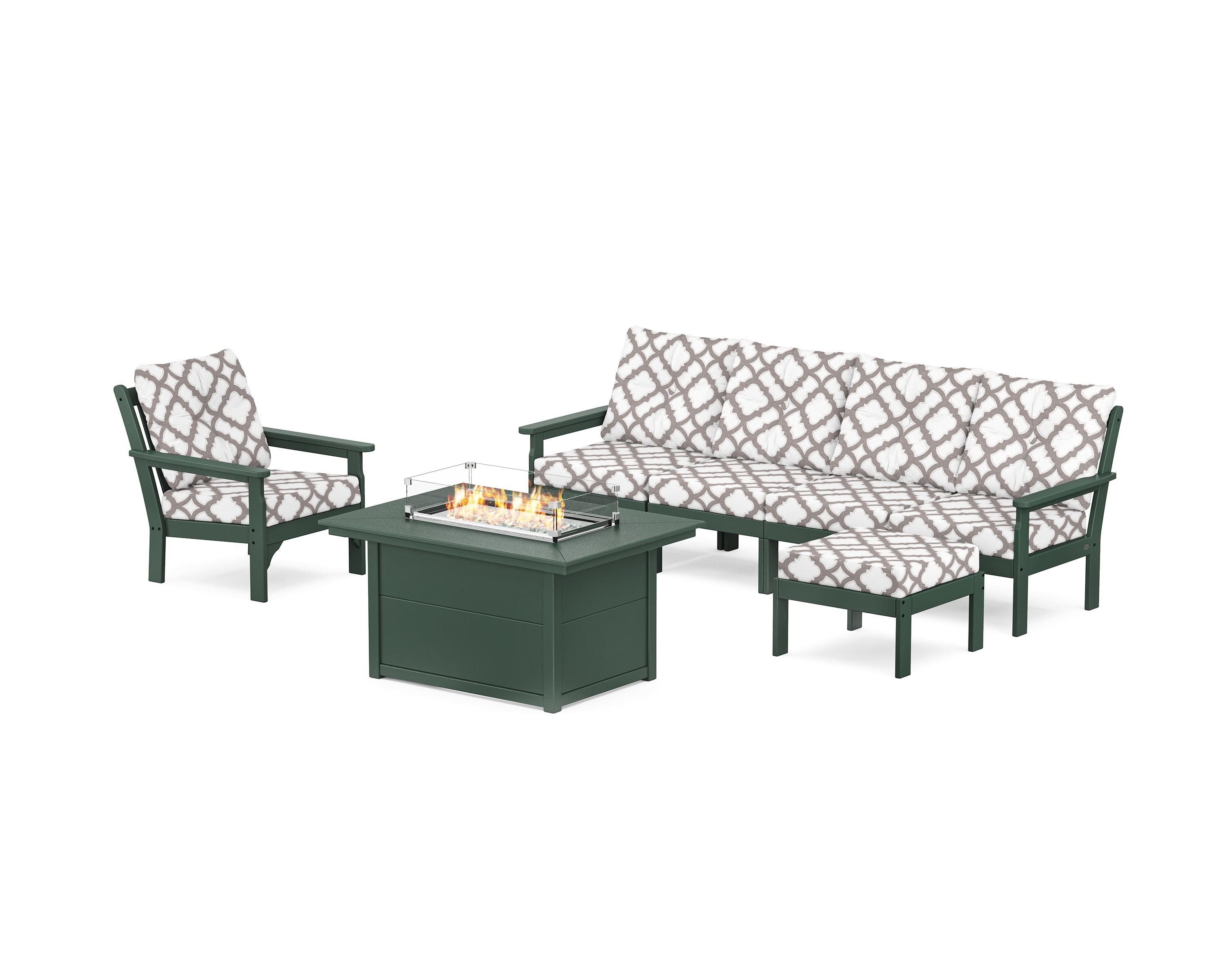POLYWOOD® Vineyard Sectional Lounge and Fire Pit Set in Green / Trellis Grey Mist