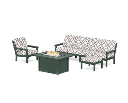 POLYWOOD® Vineyard Sectional Lounge and Fire Pit Set in Green / Trellis Grey Mist