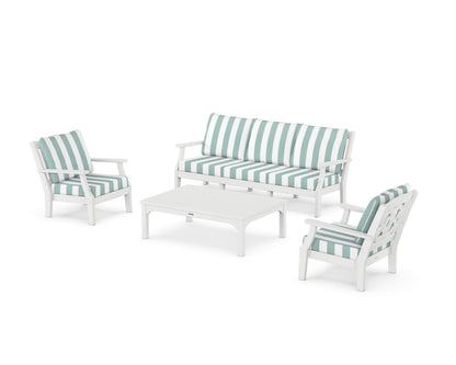 Martha Stewart by POLYWOOD® Chinoiserie 4-Piece Deep Seating Set with Sofa in White / Cabana Stripe Glacier Spa