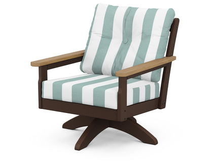 POLYWOOD® Vineyard Deep Seating Swivel Chair in Mahogany / Natural / Cabana Stripe Glacier Spa