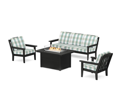 Country Living Cottage Deep Seating Fire Pit Table Set in Black / Buffalo Plaid Glacier Spa
