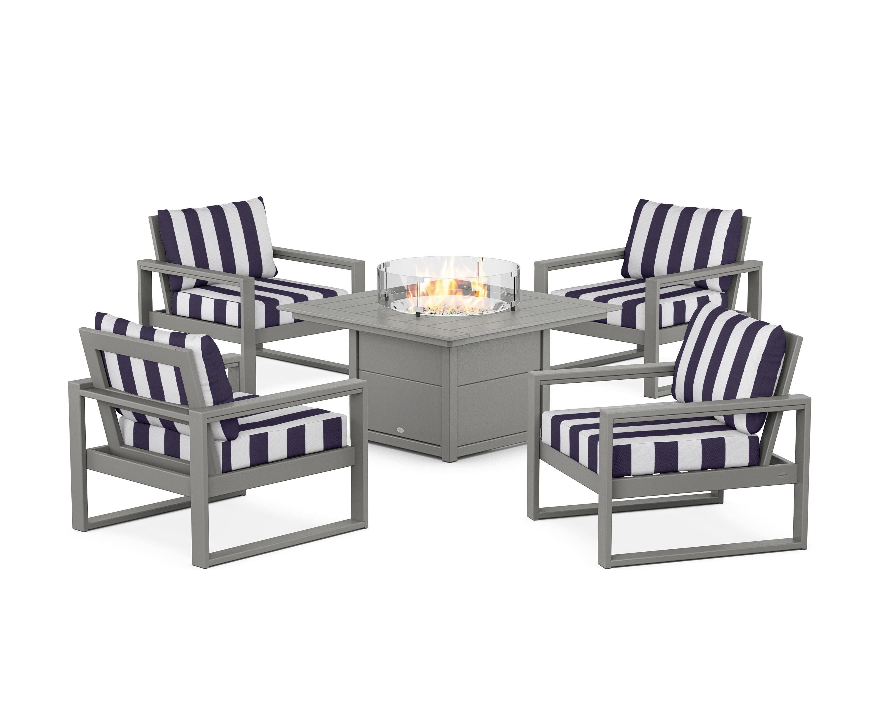 POLYWOOD® EDGE Sectional 5-Piece Deep Seating Set with Fire Pit Table in Slate Grey / Cabana Stripe Navy