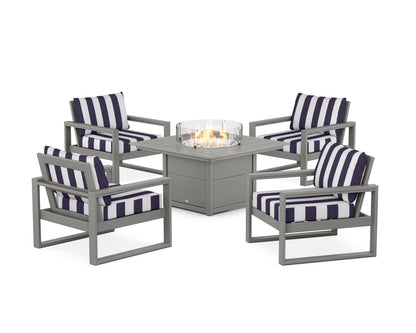 POLYWOOD® EDGE Sectional 5-Piece Deep Seating Set with Fire Pit Table in Slate Grey / Cabana Stripe Navy