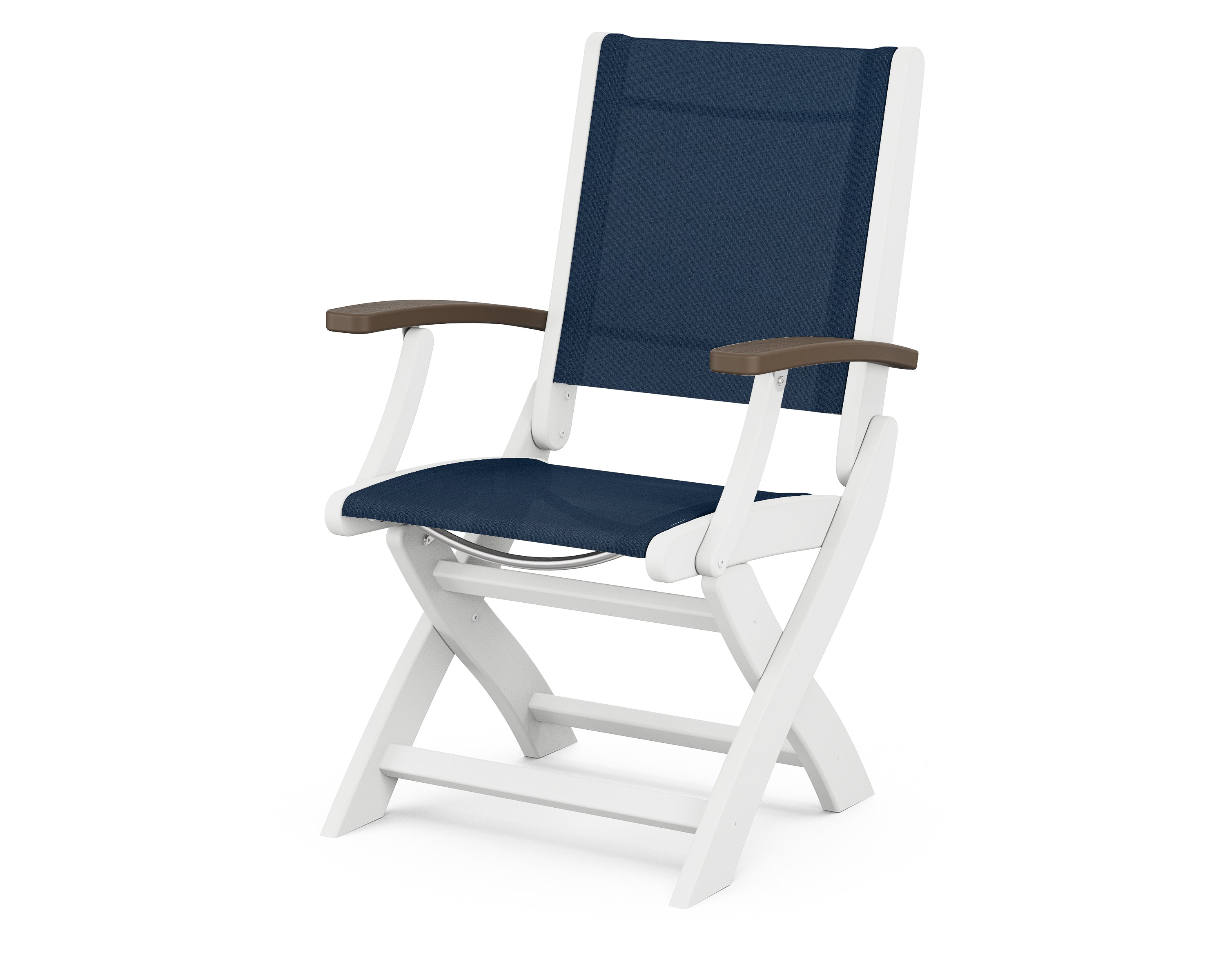 POLYWOOD® Coastal Folding Chair in White / Kona / Navy Blue Sling