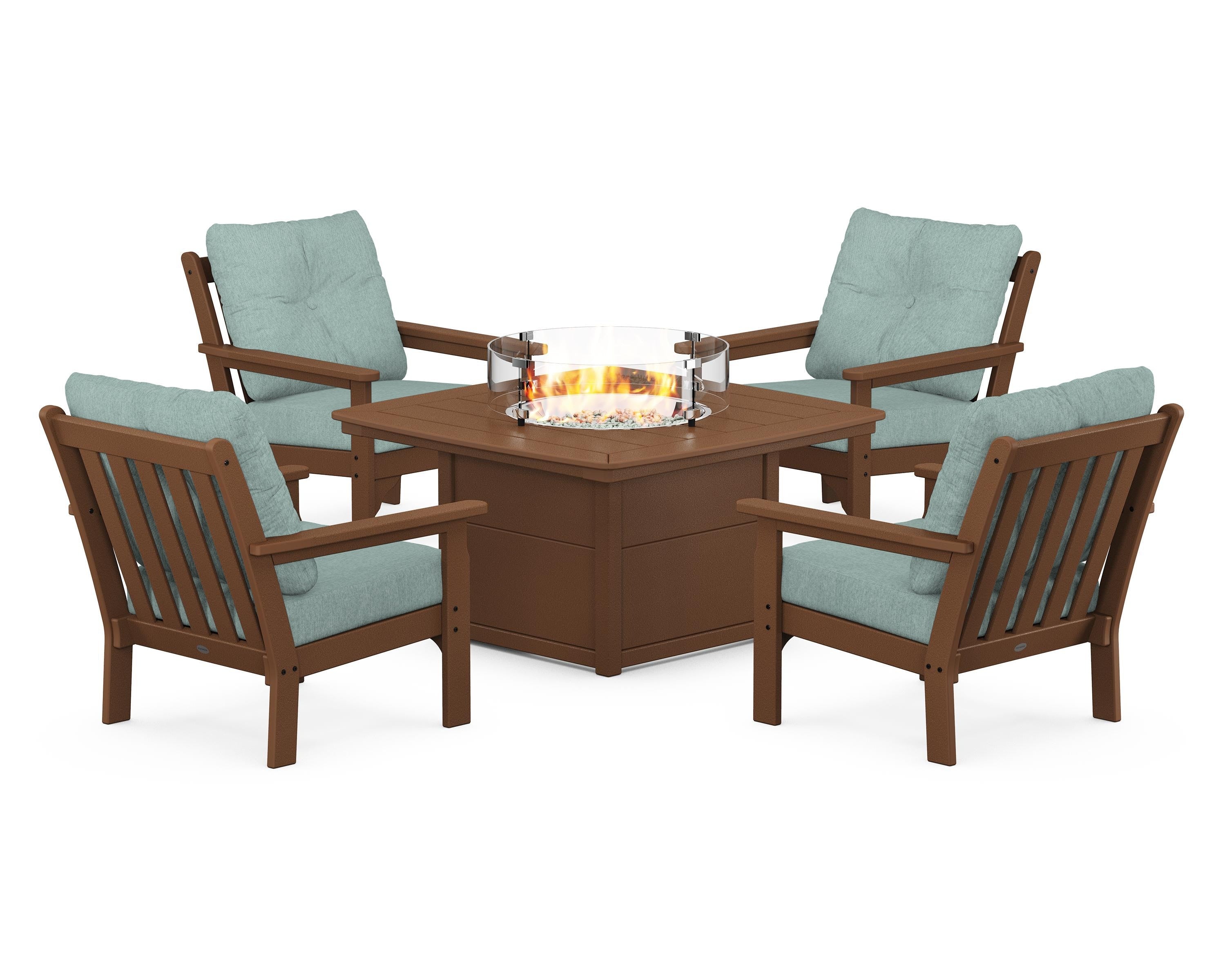 POLYWOOD® Vineyard 5-Piece Conversation Set with Fire Pit Table in Teak / Glacier Spa