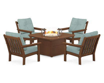 POLYWOOD® Vineyard 5-Piece Conversation Set with Fire Pit Table in Teak / Glacier Spa