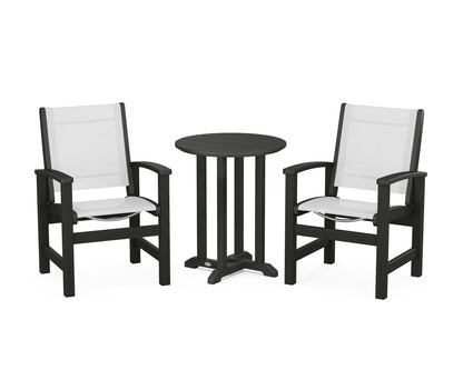 POLYWOOD® Coastal 3-Piece Round Bistro Dining Set in Black / White Sling
