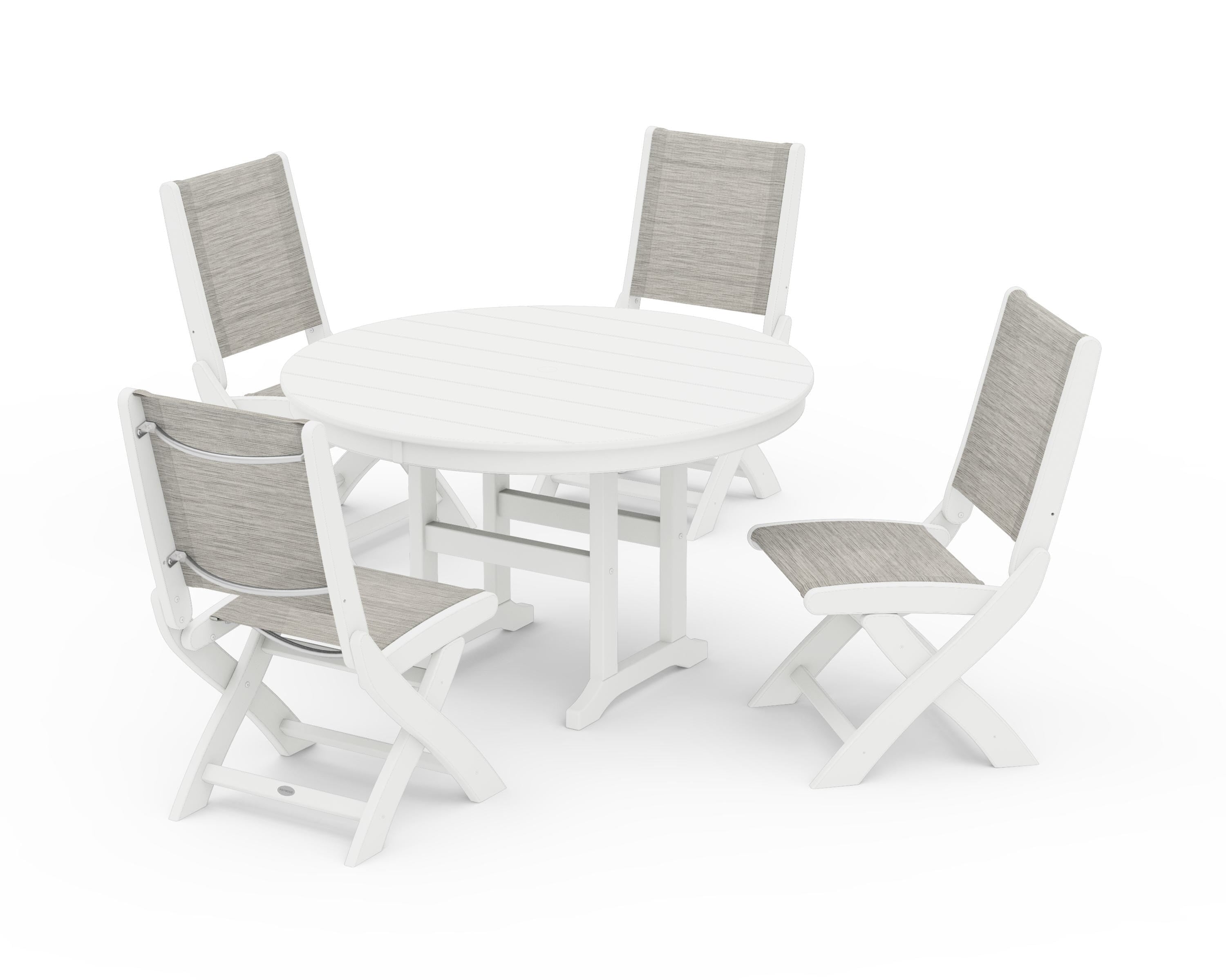 POLYWOOD® Coastal Folding Side Chair 5-Piece Round Dining Set in White / Birch Sling