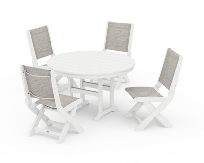 POLYWOOD® Coastal Folding Side Chair 5-Piece Round Dining Set in White / Birch Sling