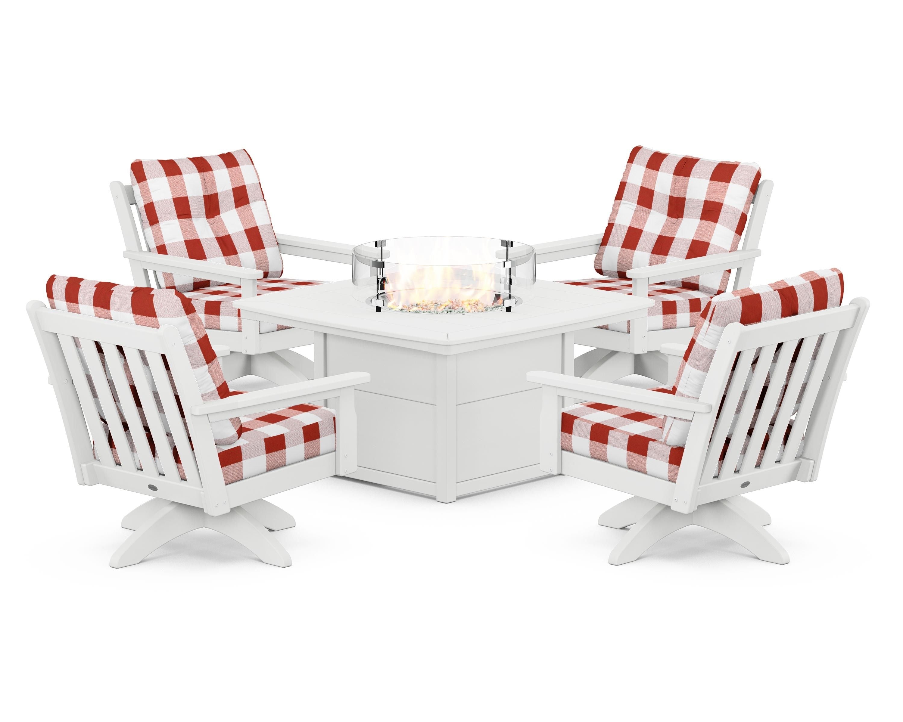 POLYWOOD® Vineyard 5-Piece Deep Seating Swivel Conversation Set with Fire Pit Table in White / Buffalo Plaid Crimson