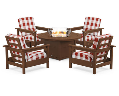 POLYWOOD® Club 5-Piece Conversation Set with Fire Pit Table in Teak / Buffalo Plaid Crimson