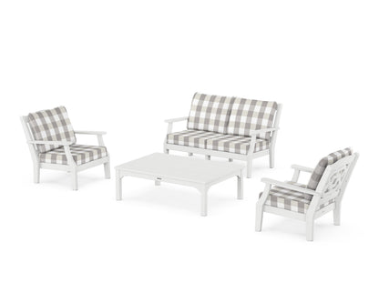 Martha Stewart by POLYWOOD® Chinoiserie 4-Piece Deep Seating Set with Loveseat in White / Buffalo Plaid Grey Mist