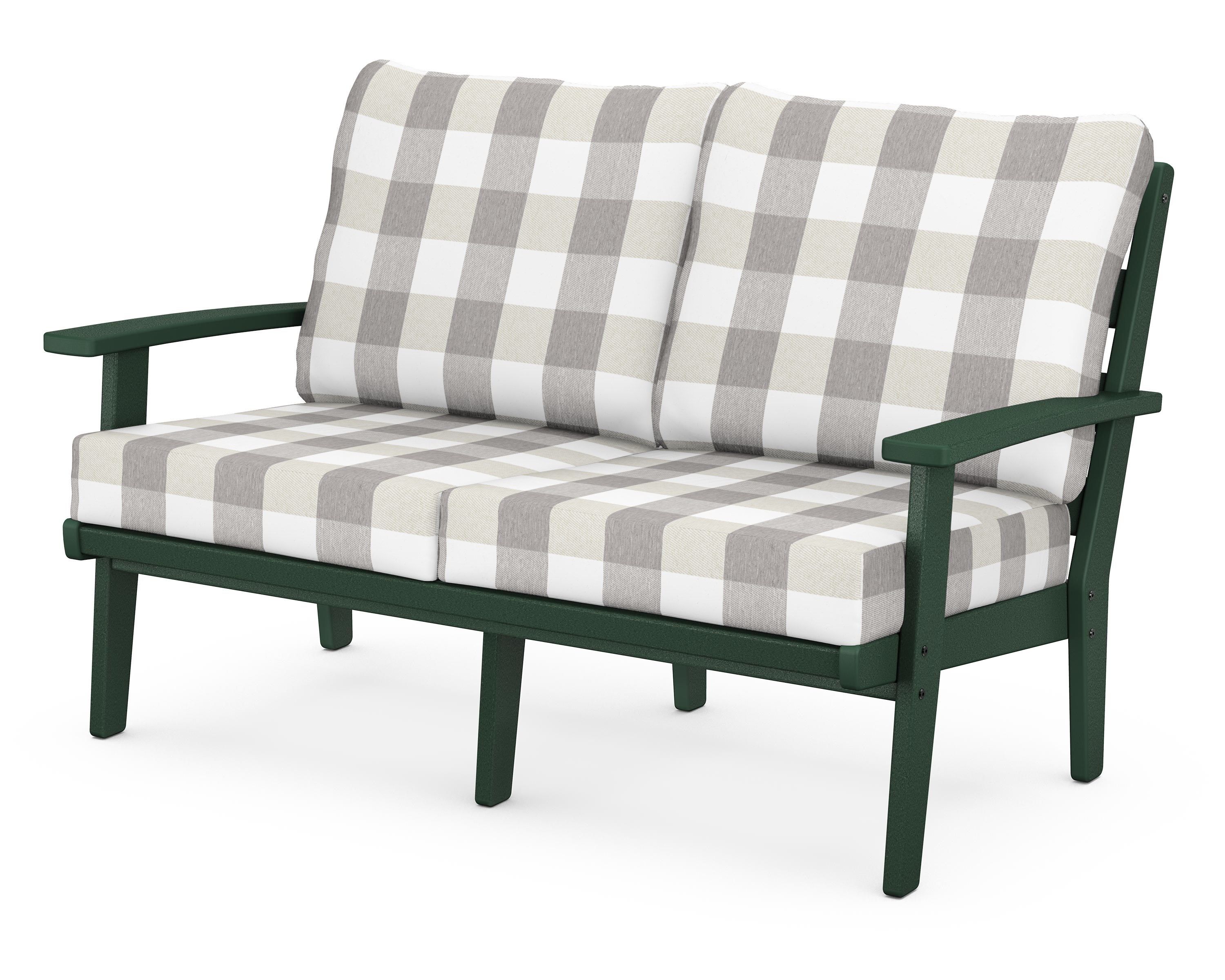 POLYWOOD® Grant Park Deep Seating Loveseat in Green / Buffalo Plaid Grey Mist