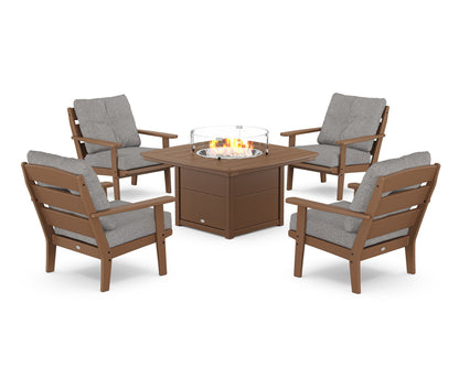 POLYWOOD® Lakeside 5-Piece Deep Seating Set with Nautical Fire Pit Table in Teak / Grey Mist