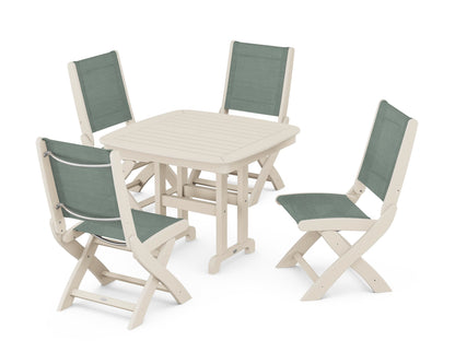 POLYWOOD® Coastal Folding Side Chair 5-Piece Dining Set in Sand / Dupioni Sea Mist Sling