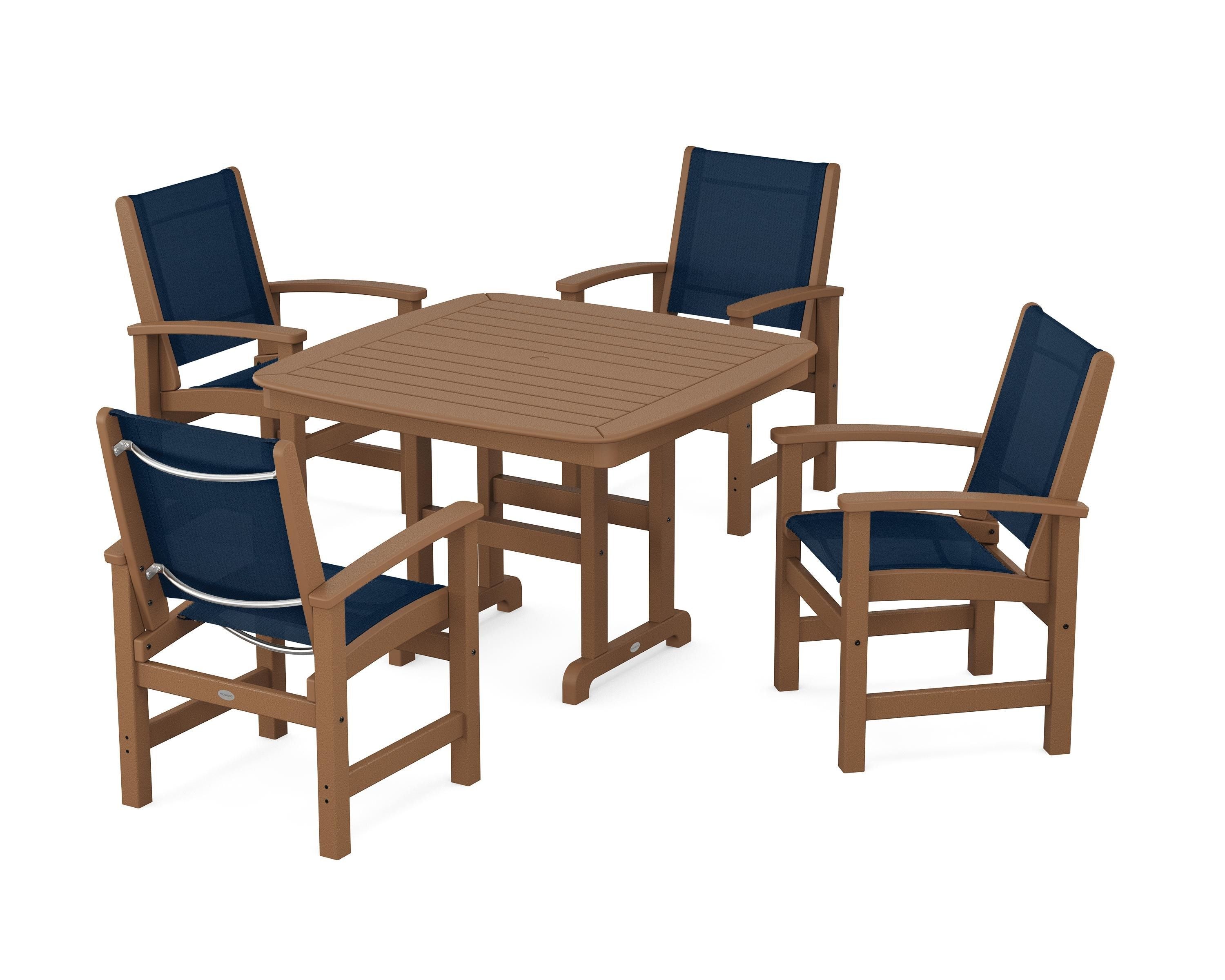 POLYWOOD® Coastal 5-Piece Dining Set in Teak / Navy Blue Sling
