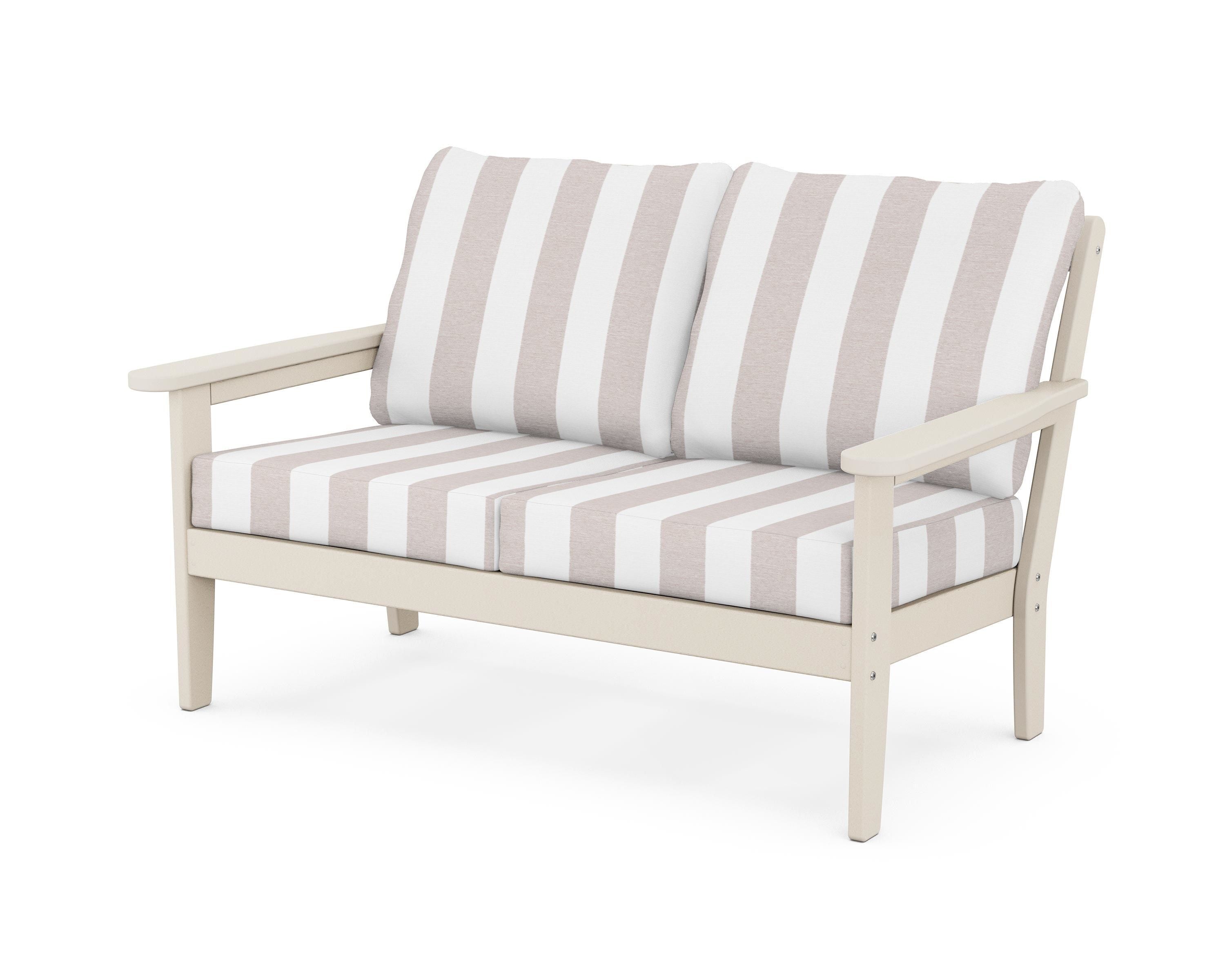 Country Living Cottage Deep Seating Loveseat in Sand / Cabana Stripe Dune Burlap