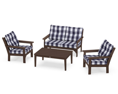 POLYWOOD® Vineyard 4-Piece Deep Seating Set in Mahogany / Buffalo Plaid Navy