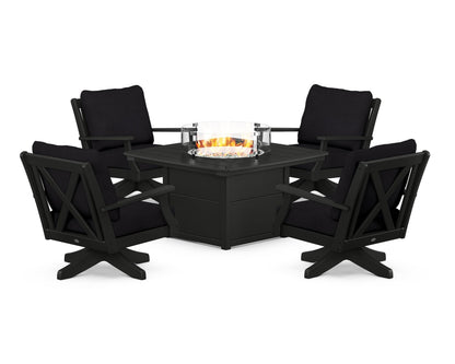 POLYWOOD® Braxton 5-Piece Deep Seating Swivel Conversation Set with Fire Pit Table in Black / Midnight Linen