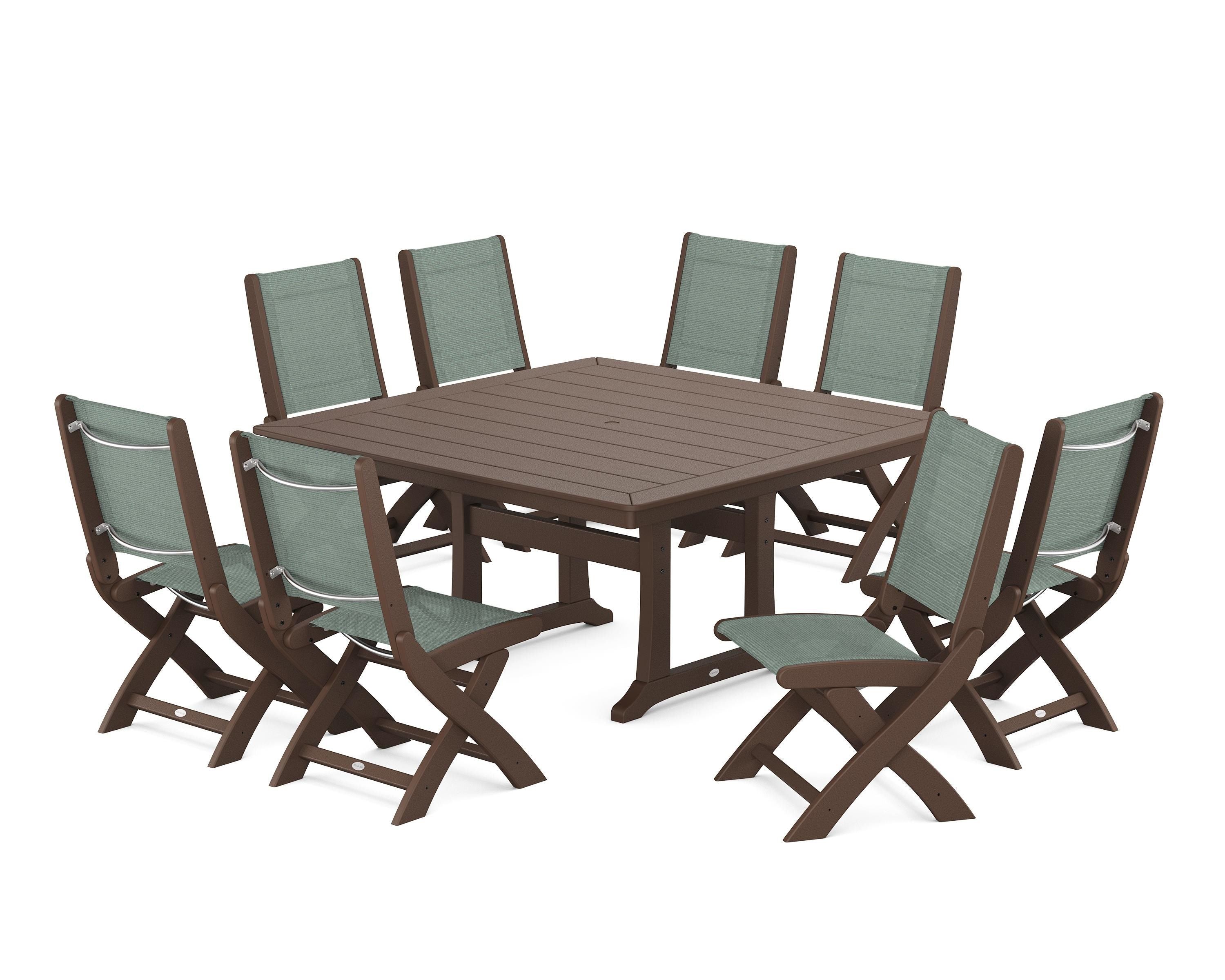 POLYWOOD® Coastal Folding Side Chair 9-Piece Dining Set with Trestle Legs in Mahogany / Dupioni Sea Mist Sling