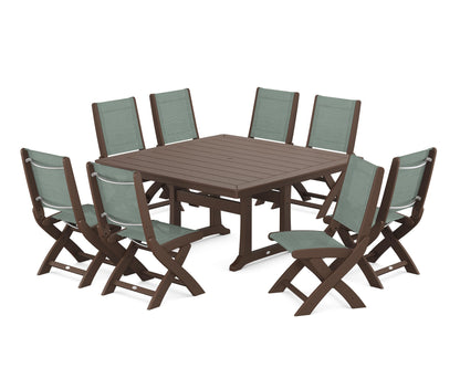 POLYWOOD® Coastal Folding Side Chair 9-Piece Dining Set with Trestle Legs in Mahogany / Dupioni Sea Mist Sling
