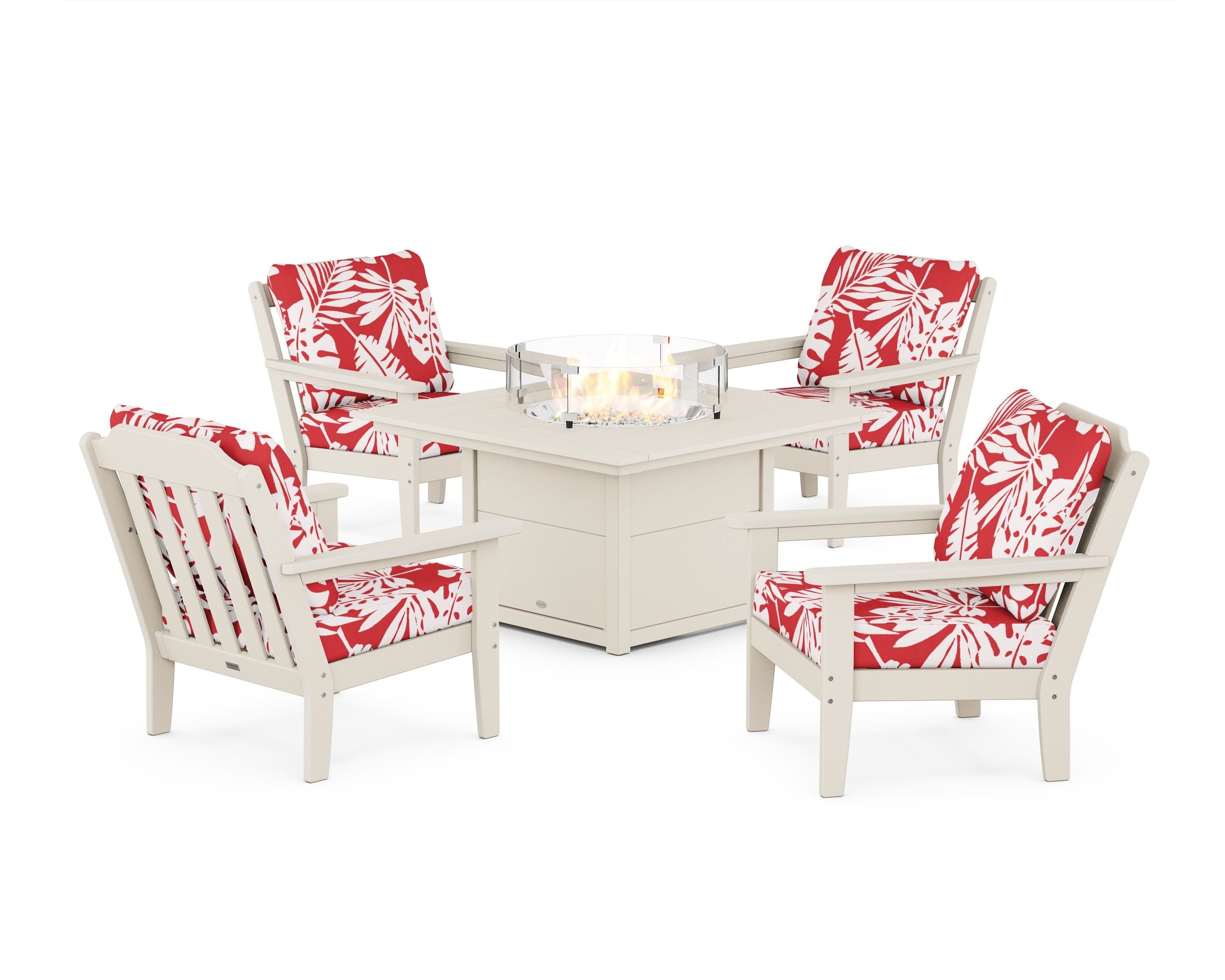 Country Living Cottage 5-Piece Deep Seating Set with Fire Pit Table in Sand / Leaf Crimson