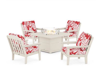 Country Living Cottage 5-Piece Deep Seating Set with Fire Pit Table in Sand / Leaf Crimson