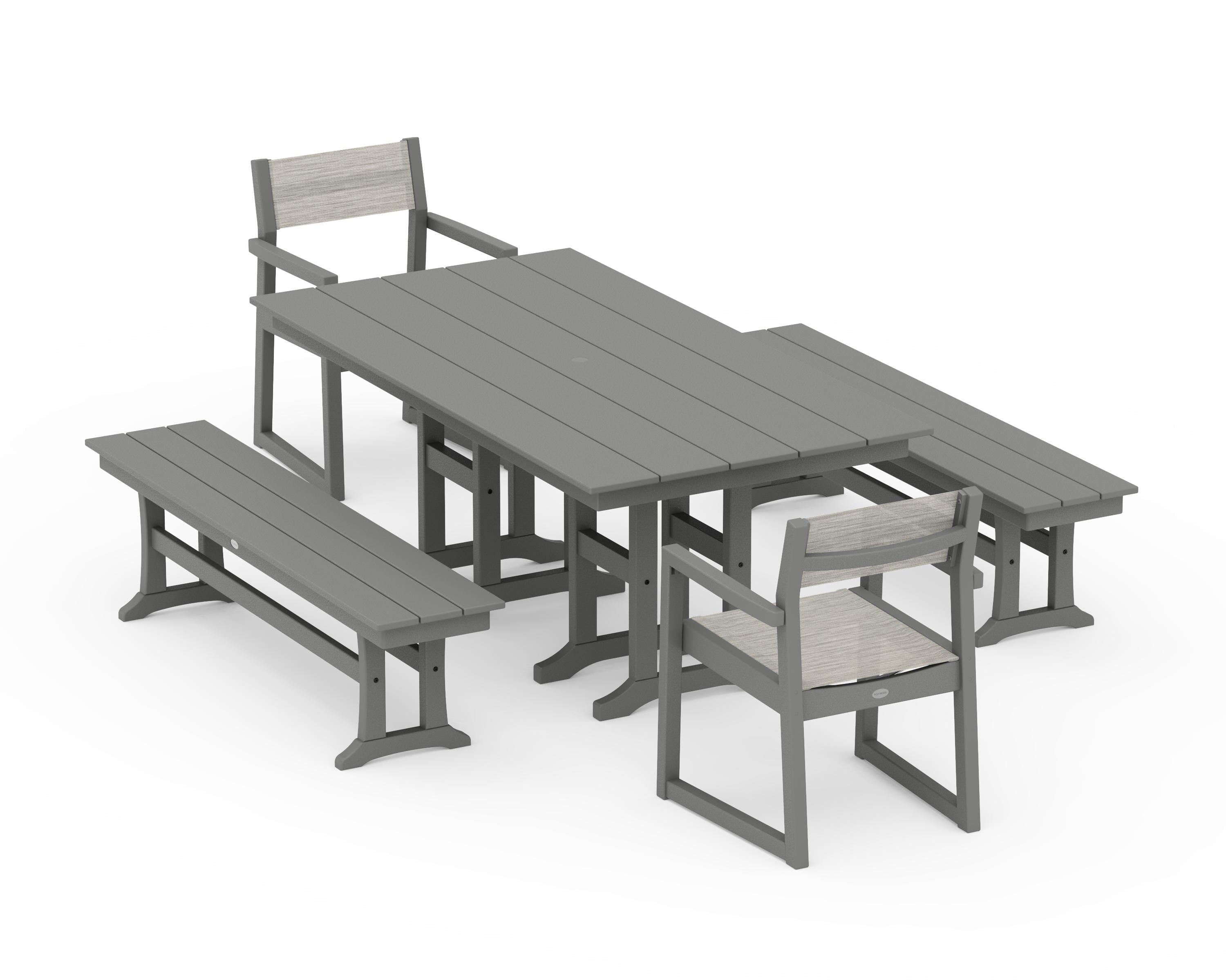 POLYWOOD® EDGE Sling Arm Chair 5-Piece Farmhouse Dining Set with Benches in Slate Grey / Birch Sling