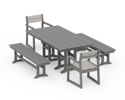 POLYWOOD® EDGE Sling Arm Chair 5-Piece Farmhouse Dining Set with Benches in Slate Grey / Birch Sling