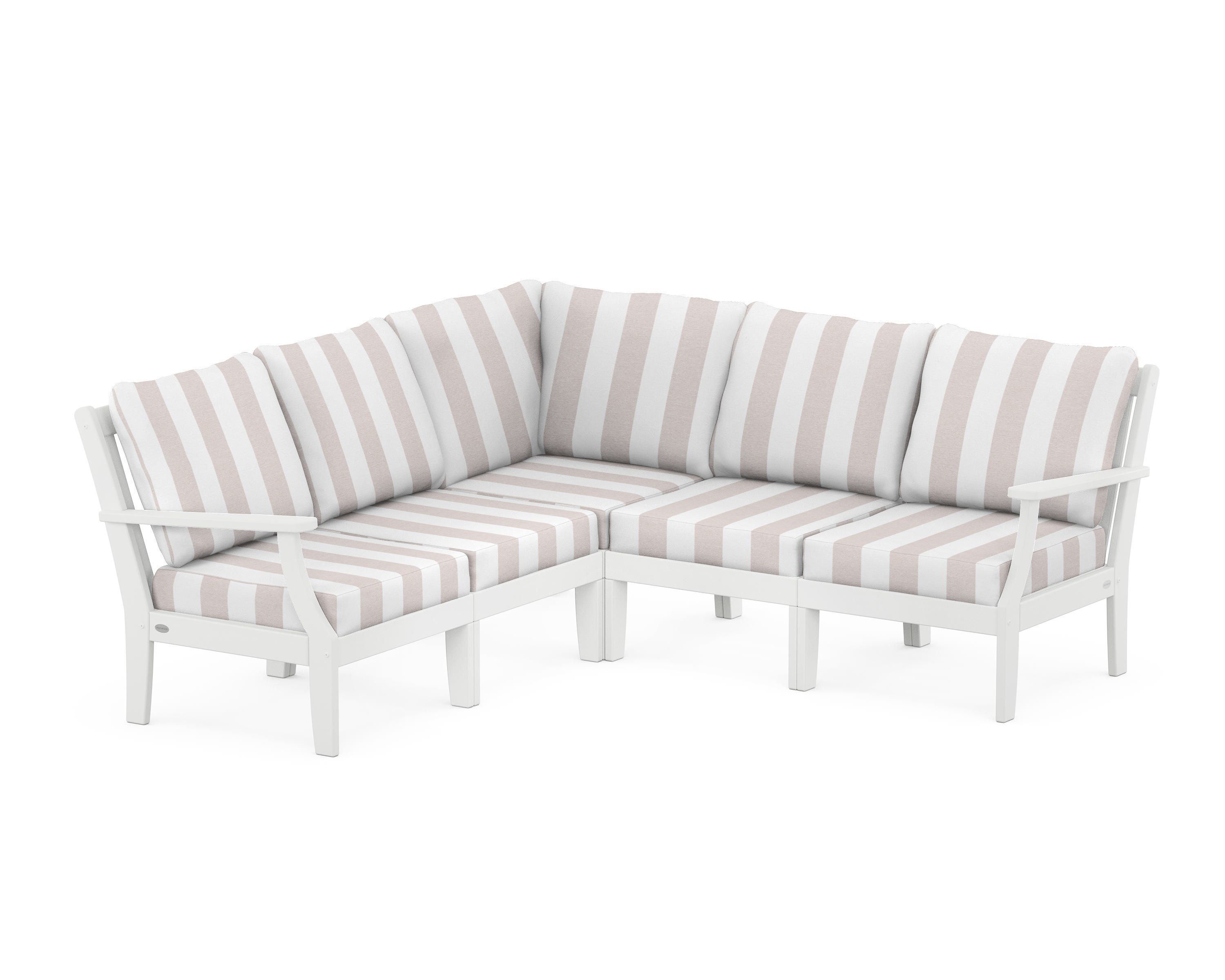 POLYWOOD® Braxton Modular 5-Piece Deep Seating Set in White / Cabana Stripe Dune Burlap