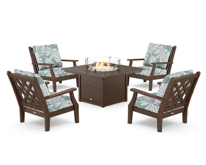 Country Living Wovendale 5-Piece Deep Seating Set with Fire Pit Table in Mahogany / Leaf Glacier Spa