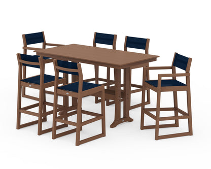 POLYWOOD® EDGE Sling 7-Piece Farmhouse Bar Set with Trestle Legs in Teak / Navy Blue Sling
