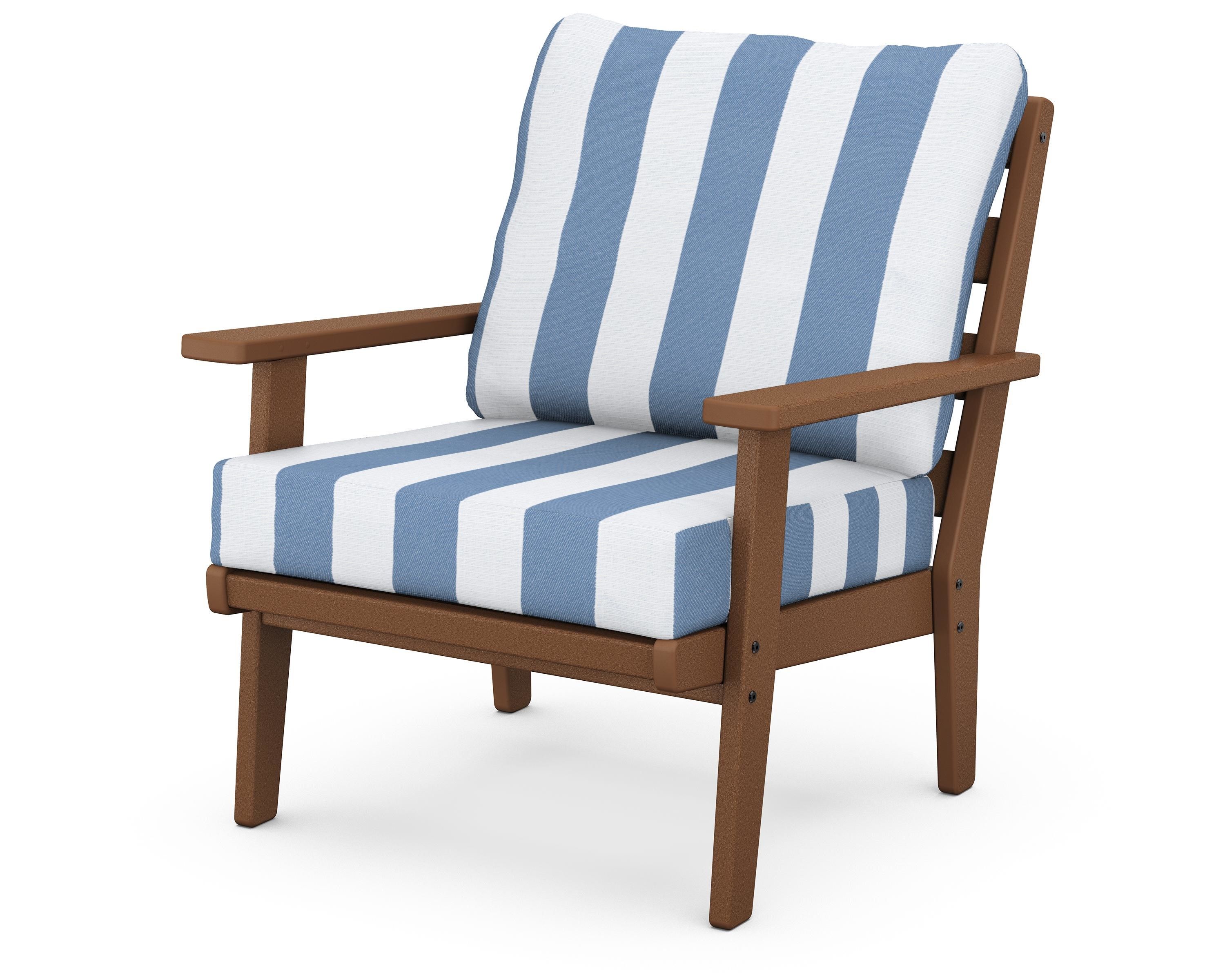 POLYWOOD® Grant Park Deep Seating Chair in Teak / Cabana Stripe Sky Blue