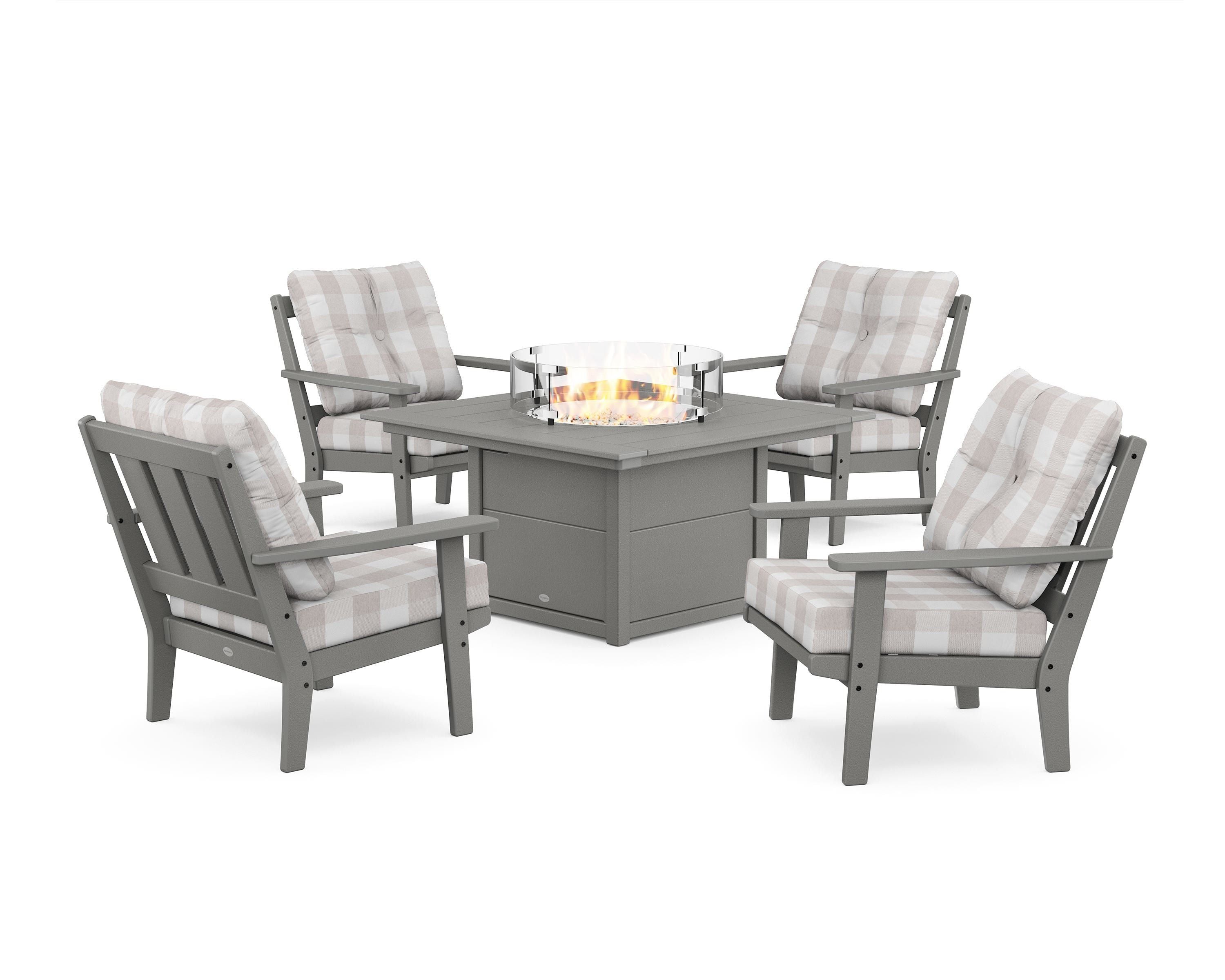 POLYWOOD® Oxford 5-Piece Deep Seating Set with Fire Pit Table in Slate Grey / Buffalo Plaid Dune Burlap