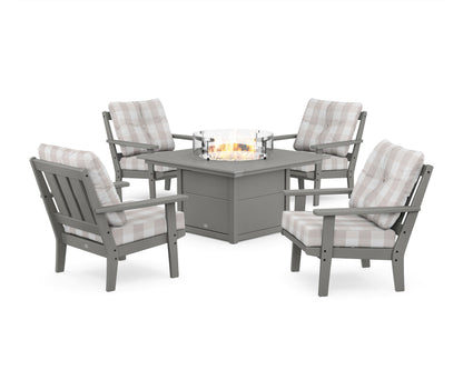 POLYWOOD® Oxford 5-Piece Deep Seating Set with Fire Pit Table in Slate Grey / Buffalo Plaid Dune Burlap