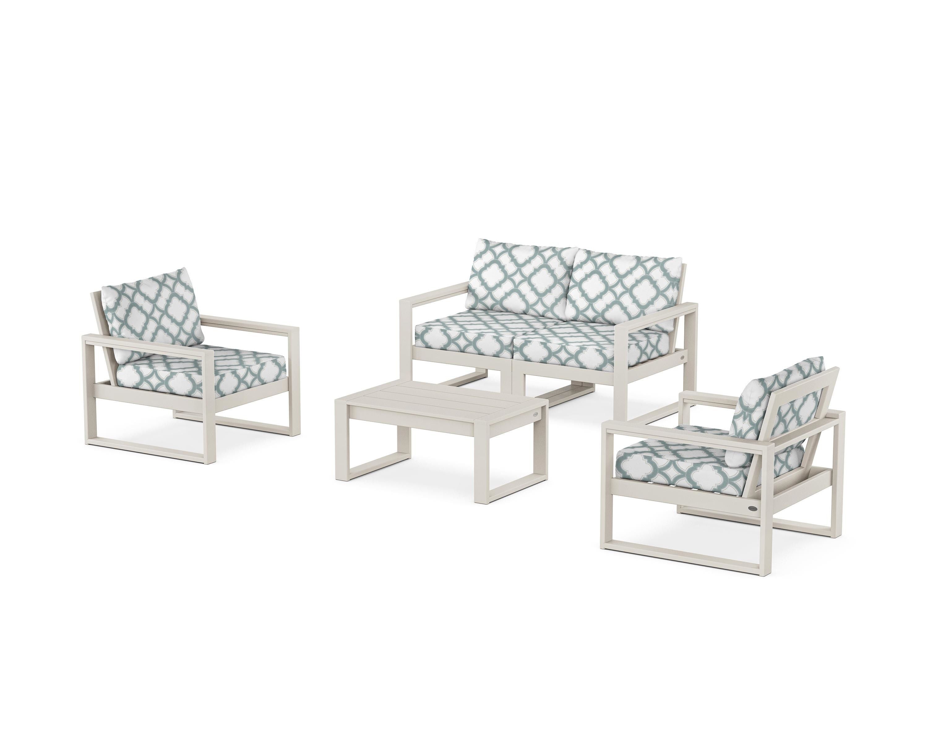 POLYWOOD® EDGE Sectional 4-Piece Deep Seating Set with Loveseat in Sand / Trellis Glacier Spa