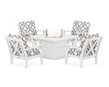 POLYWOOD® Braxton 5-Piece Deep Seating Conversation Set with Fire Pit Table in White / Trellis Grey Mist