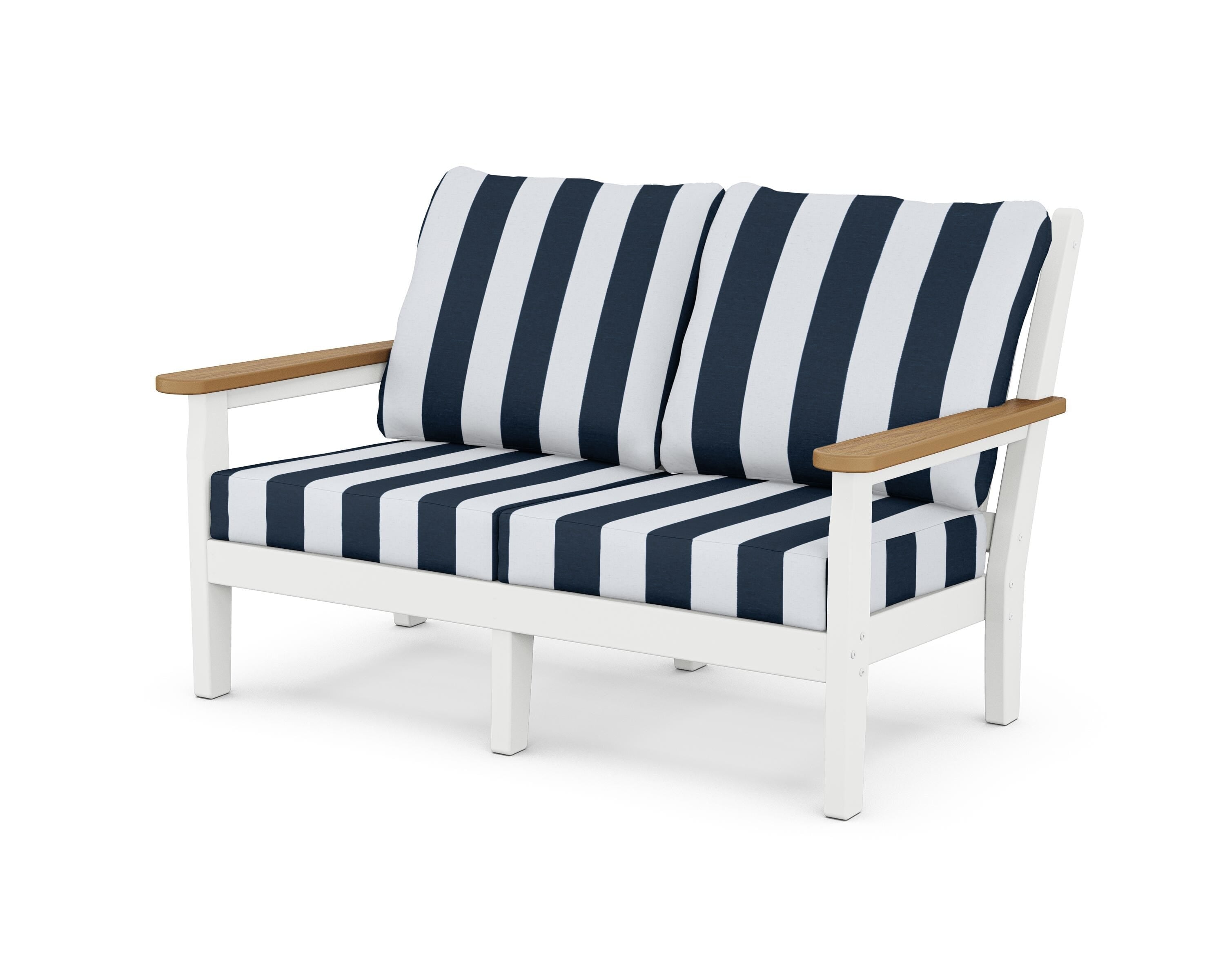 POLYWOOD® Chippendale Deep Seating Loveseat in White / Natural / Cabana Stripe Marine Indigo