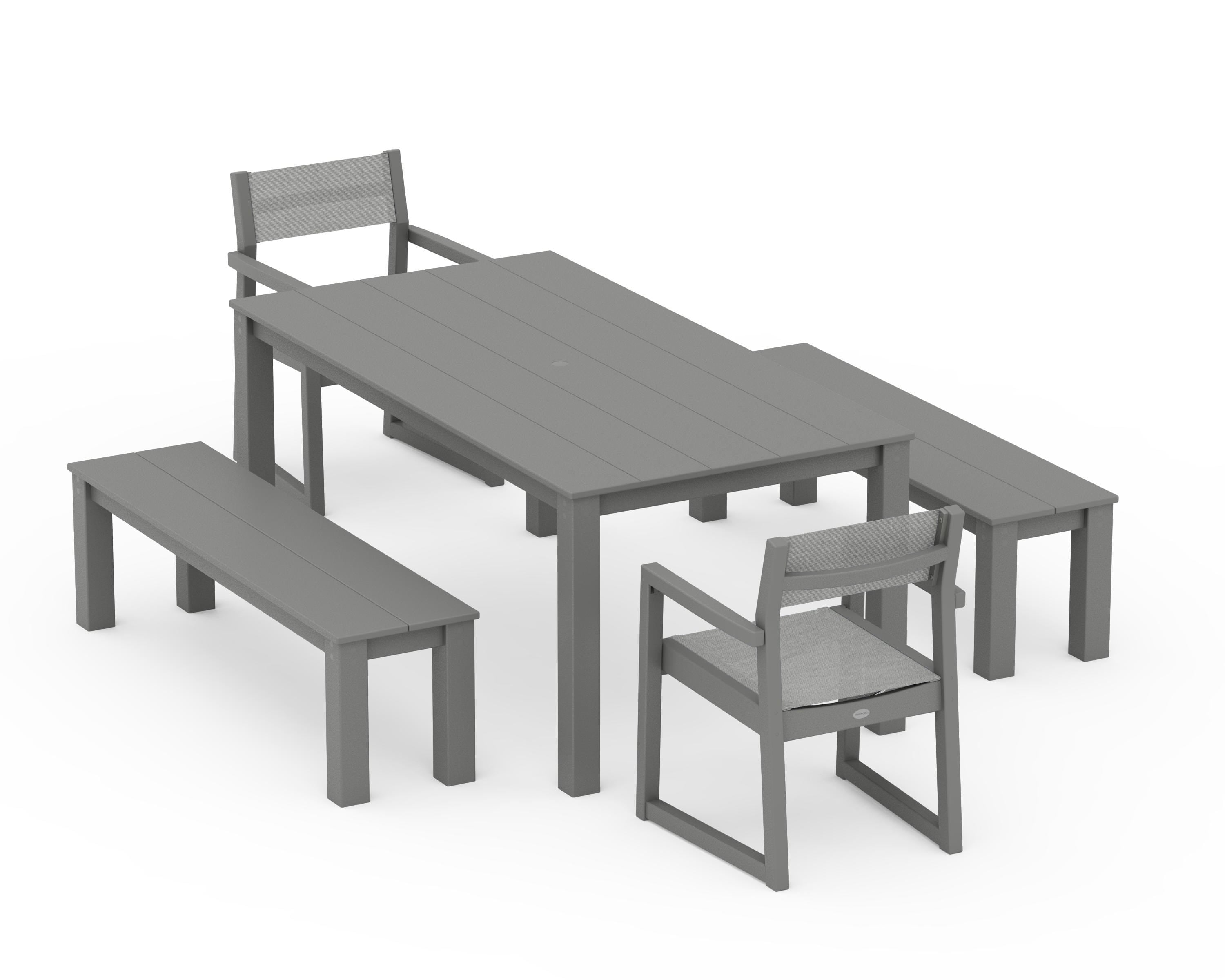 POLYWOOD® EDGE Sling Arm Chair 5-Piece Parsons Dining Set with Benches in Slate Grey / Metallic Sling