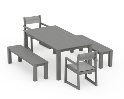 POLYWOOD® EDGE Sling Arm Chair 5-Piece Parsons Dining Set with Benches in Slate Grey / Metallic Sling