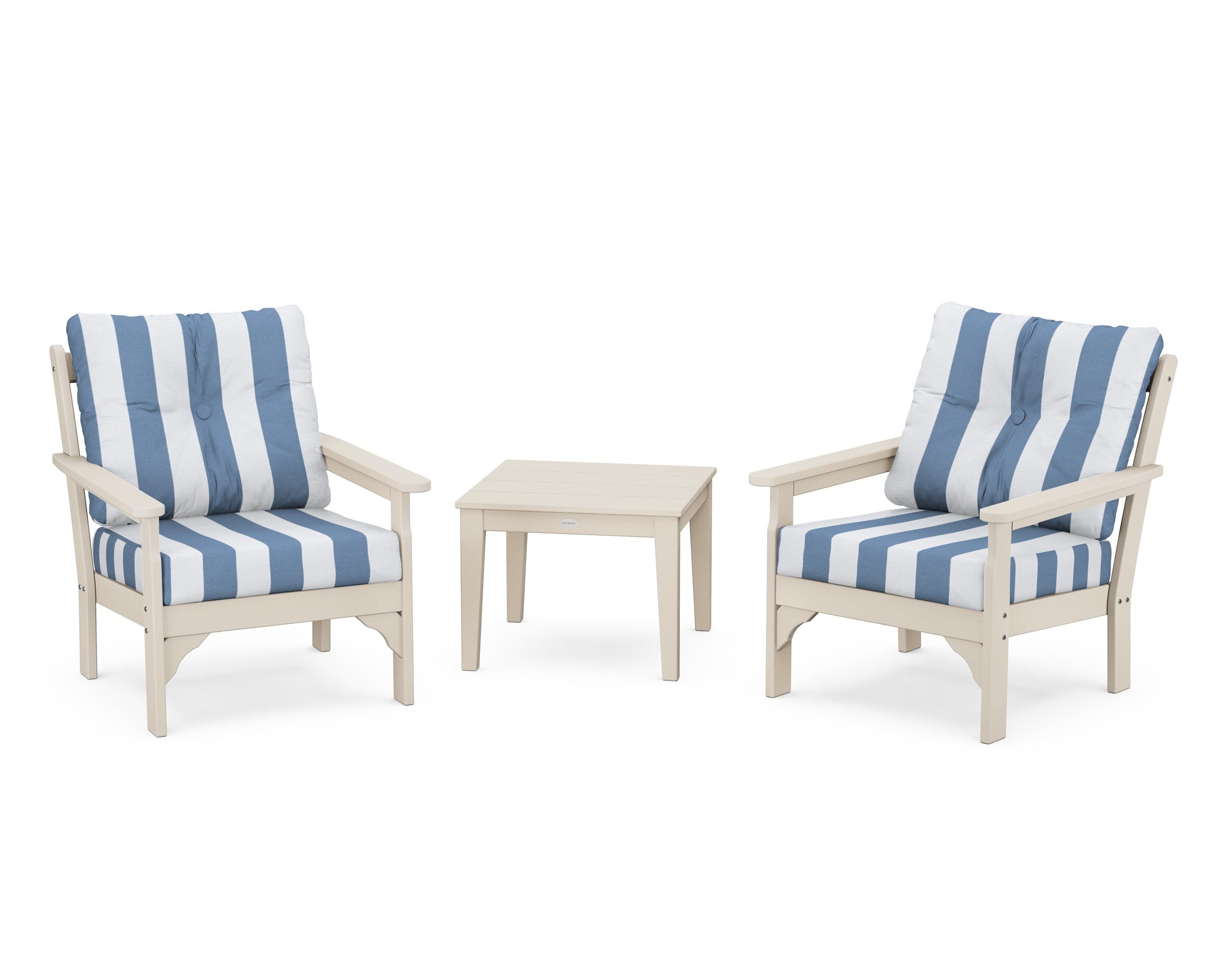 POLYWOOD® Vineyard 3-Piece Deep Seating Set in Sand / Cabana Stripe Sky Blue