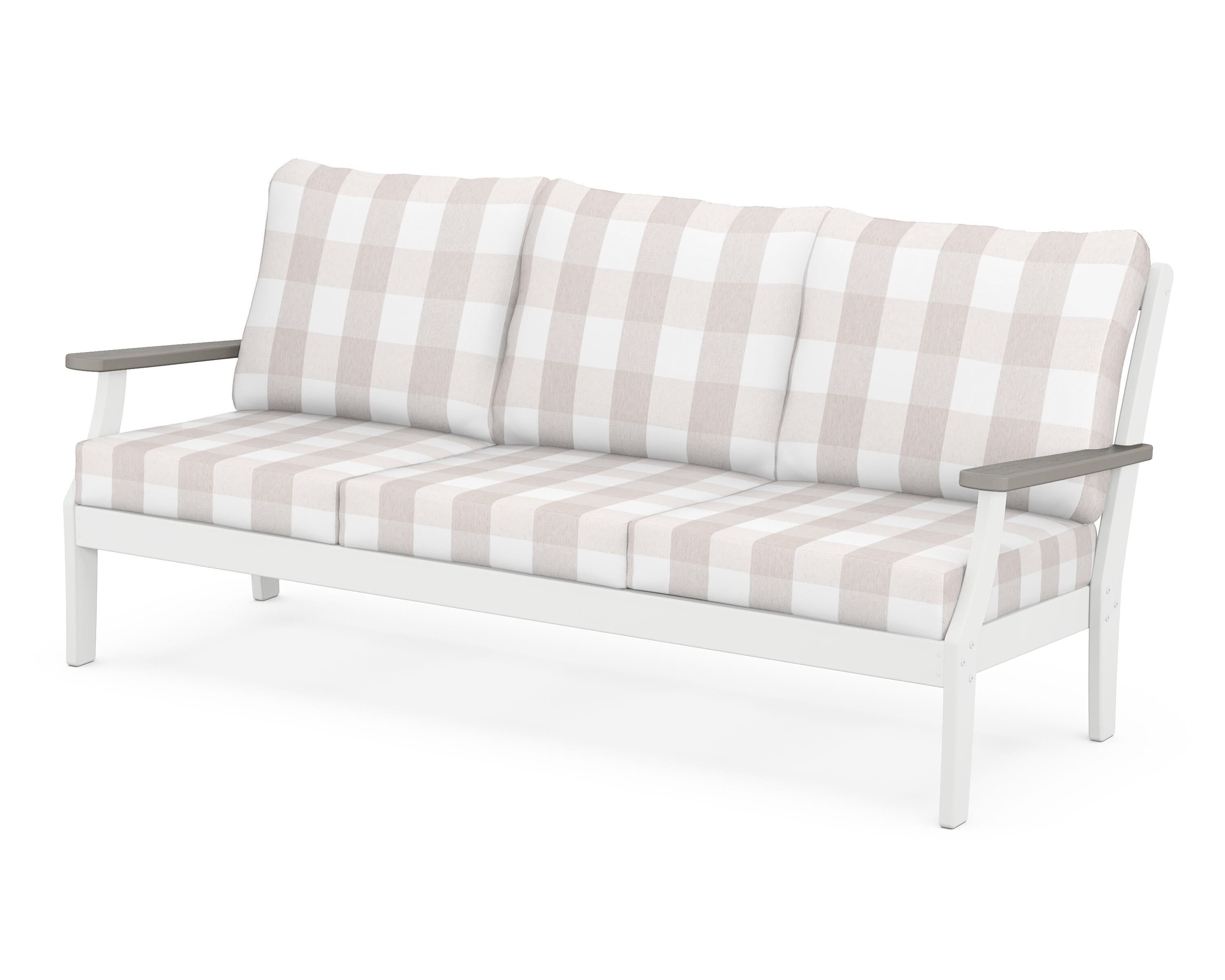 POLYWOOD® Braxton Deep Seating Sofa in White / Driftwood / Buffalo Plaid Dune Burlap