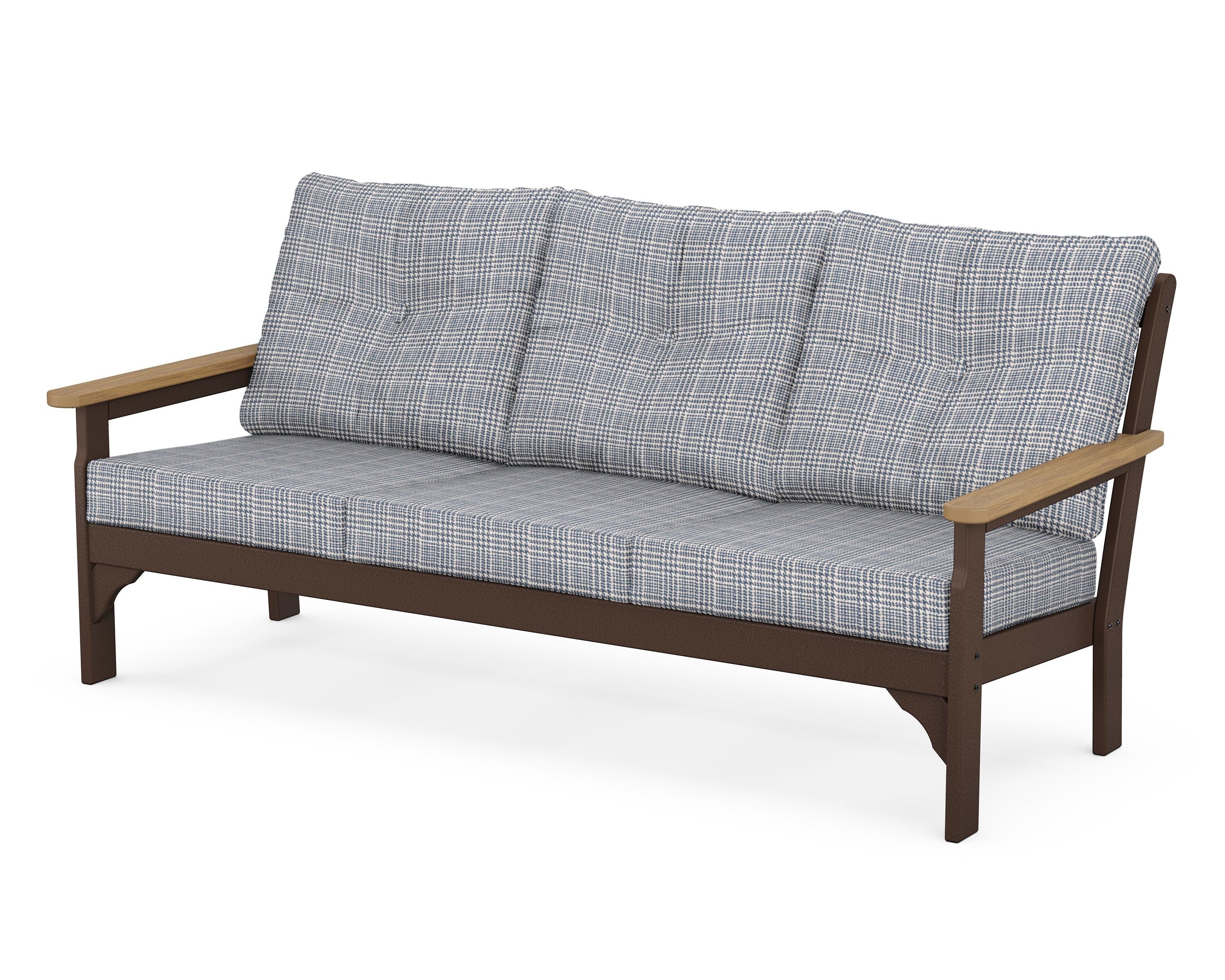POLYWOOD® Vineyard Deep Seating Sofa in Mahogany / Natural / Houndstooth Sky Blue