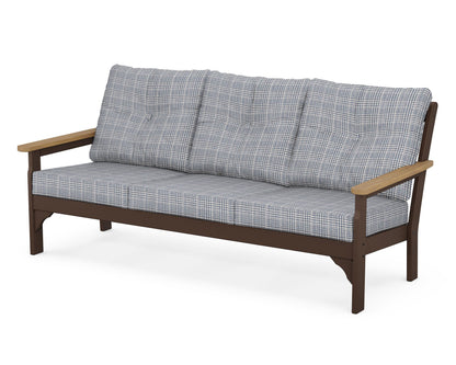 POLYWOOD® Vineyard Deep Seating Sofa in Mahogany / Natural / Houndstooth Sky Blue