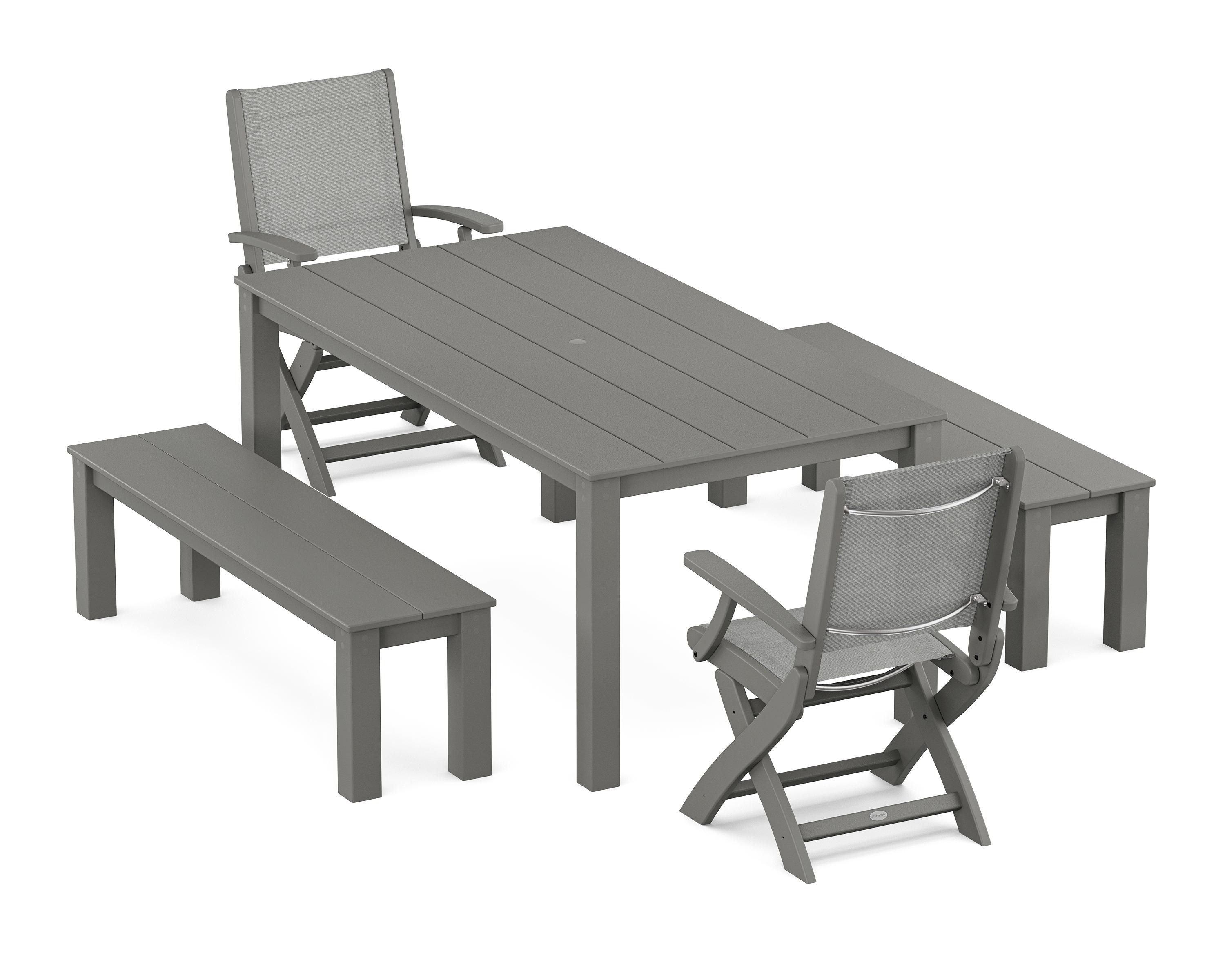 POLYWOOD® Coastal Folding Chair 5-Piece Parsons Dining Set with Benches in Slate Grey / Metallic Sling
