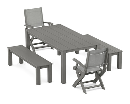 POLYWOOD® Coastal Folding Chair 5-Piece Parsons Dining Set with Benches in Slate Grey / Metallic Sling