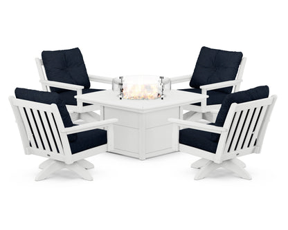 POLYWOOD® Vineyard 5-Piece Deep Seating Swivel Conversation Set with Fire Pit Table in White / Marine Indigo
