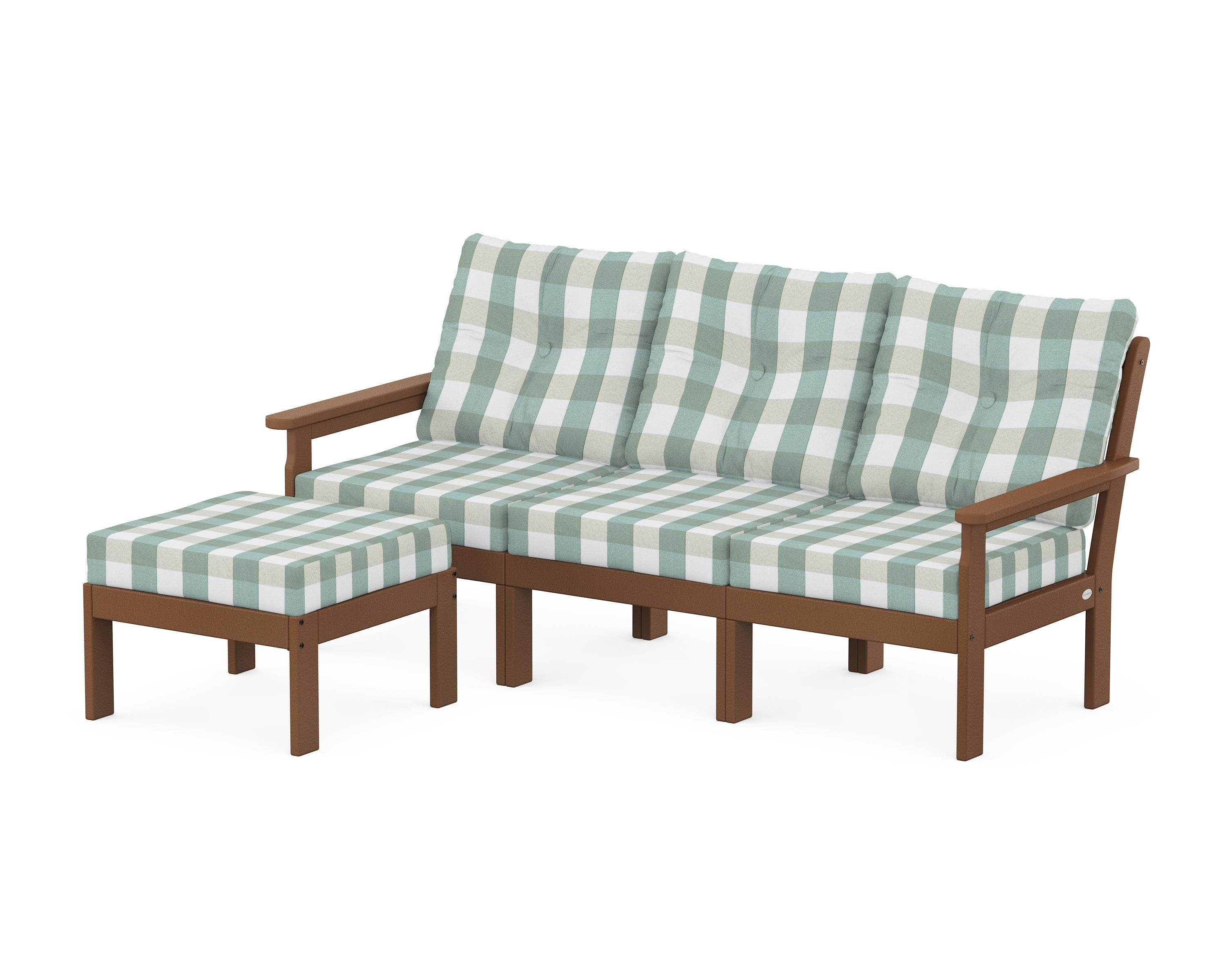 POLYWOOD® Vineyard 4-Piece Sectional with Ottoman in Teak / Buffalo Plaid Glacier Spa