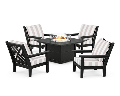 POLYWOOD® Chippendale 5-Piece Deep Seating Set with Fire Pit Table in Black / Cabana Stripe Dune Burlap