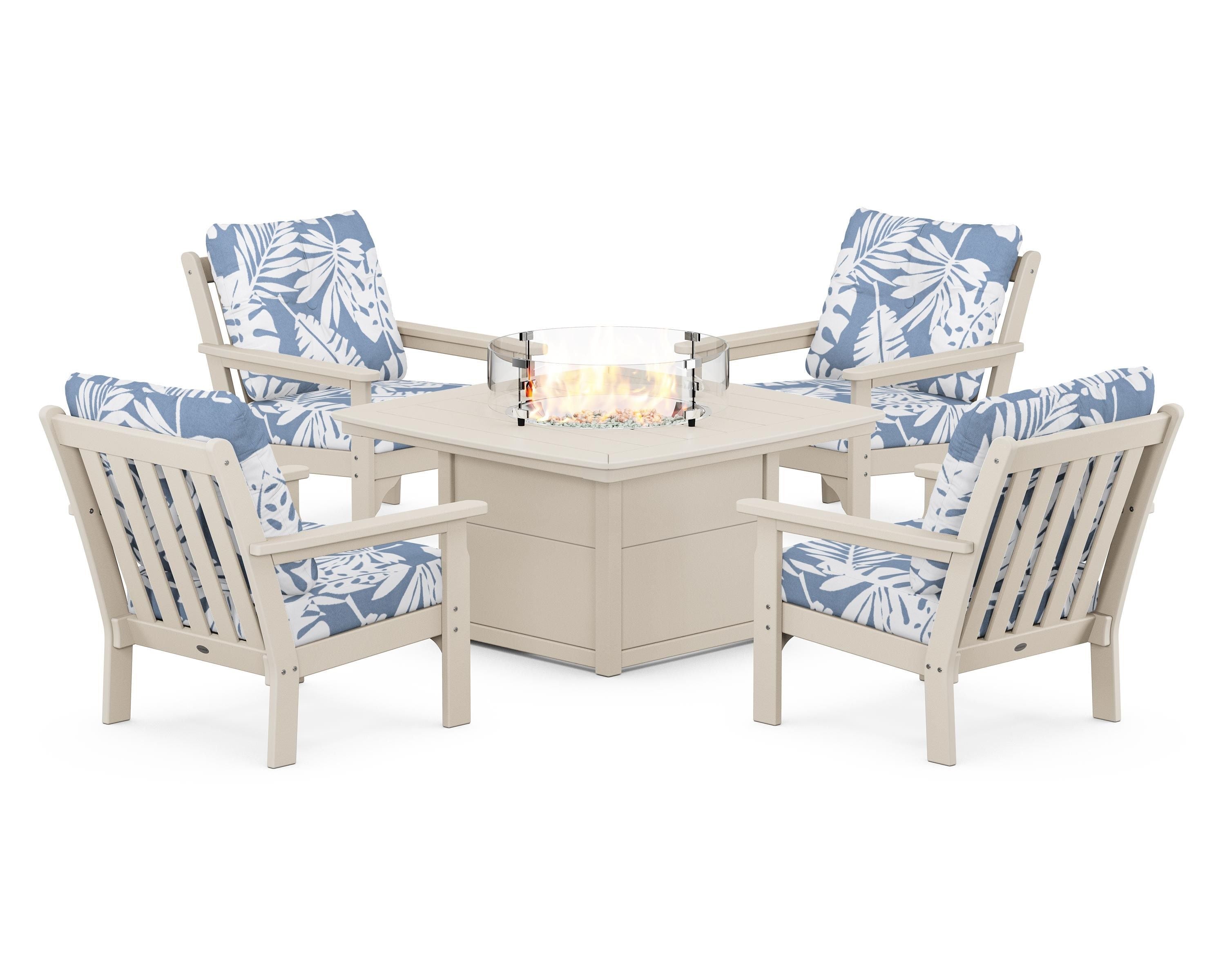 POLYWOOD® Vineyard 5-Piece Conversation Set with Fire Pit Table in Sand / Leaf Sky Blue